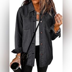 Luvamia | Women's Black Button-Down Denim Trucker Jacket | Size Large